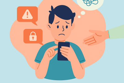 Dudas online y mano que acompaña Joven preocupado mirando el móvil con burbujas de alerta y una mano de ayuda; PSICÓLOGO IA y uso responsable de la tecnología.
